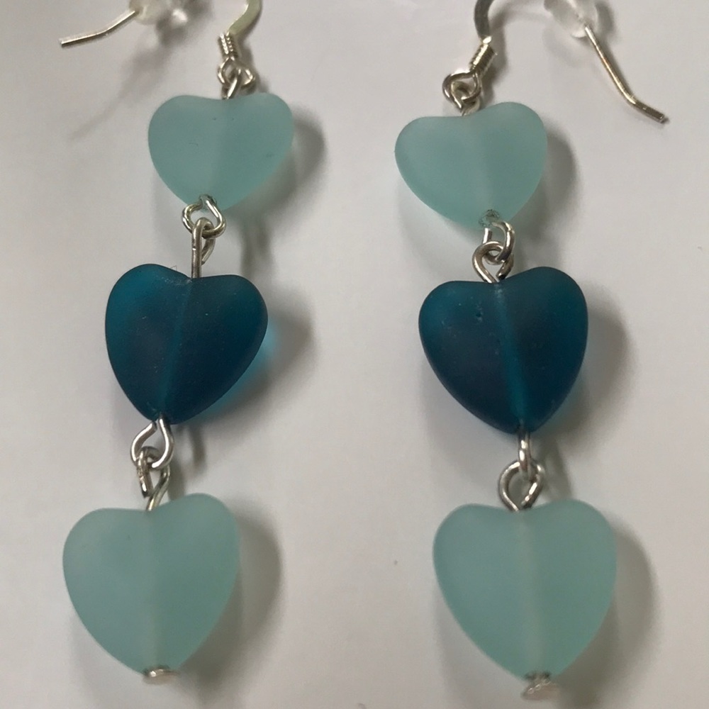 Coastal Blue & Teal Sea Glass Heart Beaded Drop Earrings Cultured sea glass